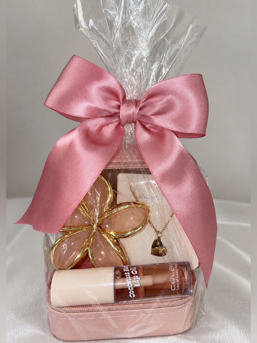Pink Gift Set | Stainless Steel Initial Necklace, Jewelry Case, Hair Accessory